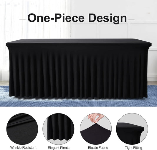 Table Skirts for Rectangle Tables 6ft - One-Piece Black Tablecloths and Skirt, Wrinkle Resistant Ruffles Elastic Cover for Banquets, Weddings, Events, Parties