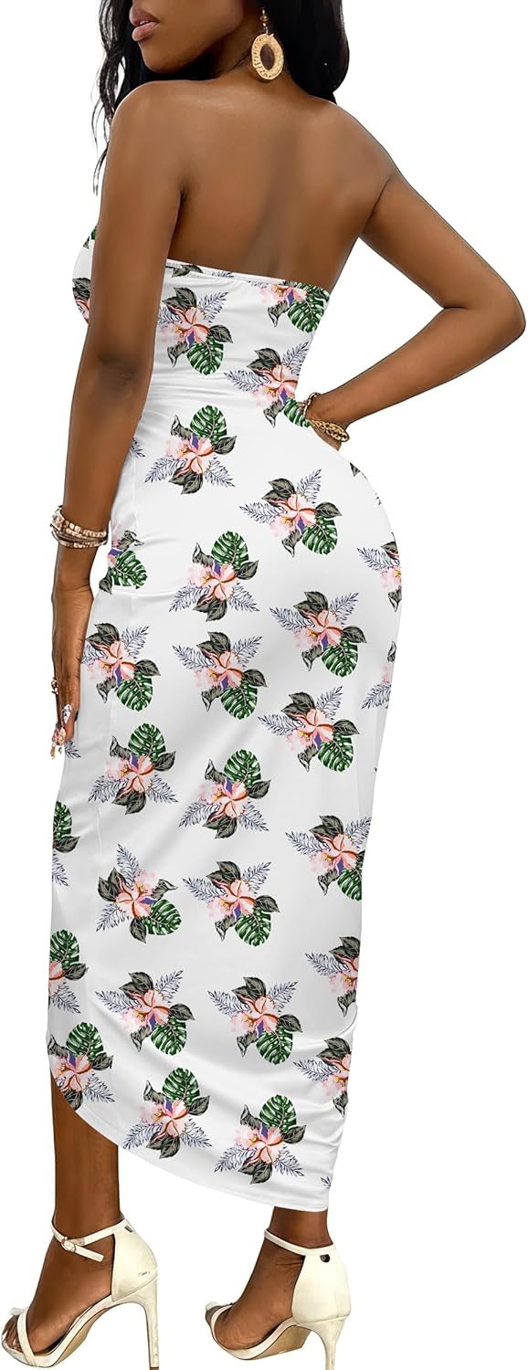 Umenlele Women's Strapless Ruched High Waist Wrap Split Asymmetrical Beach Maxi Long Dress