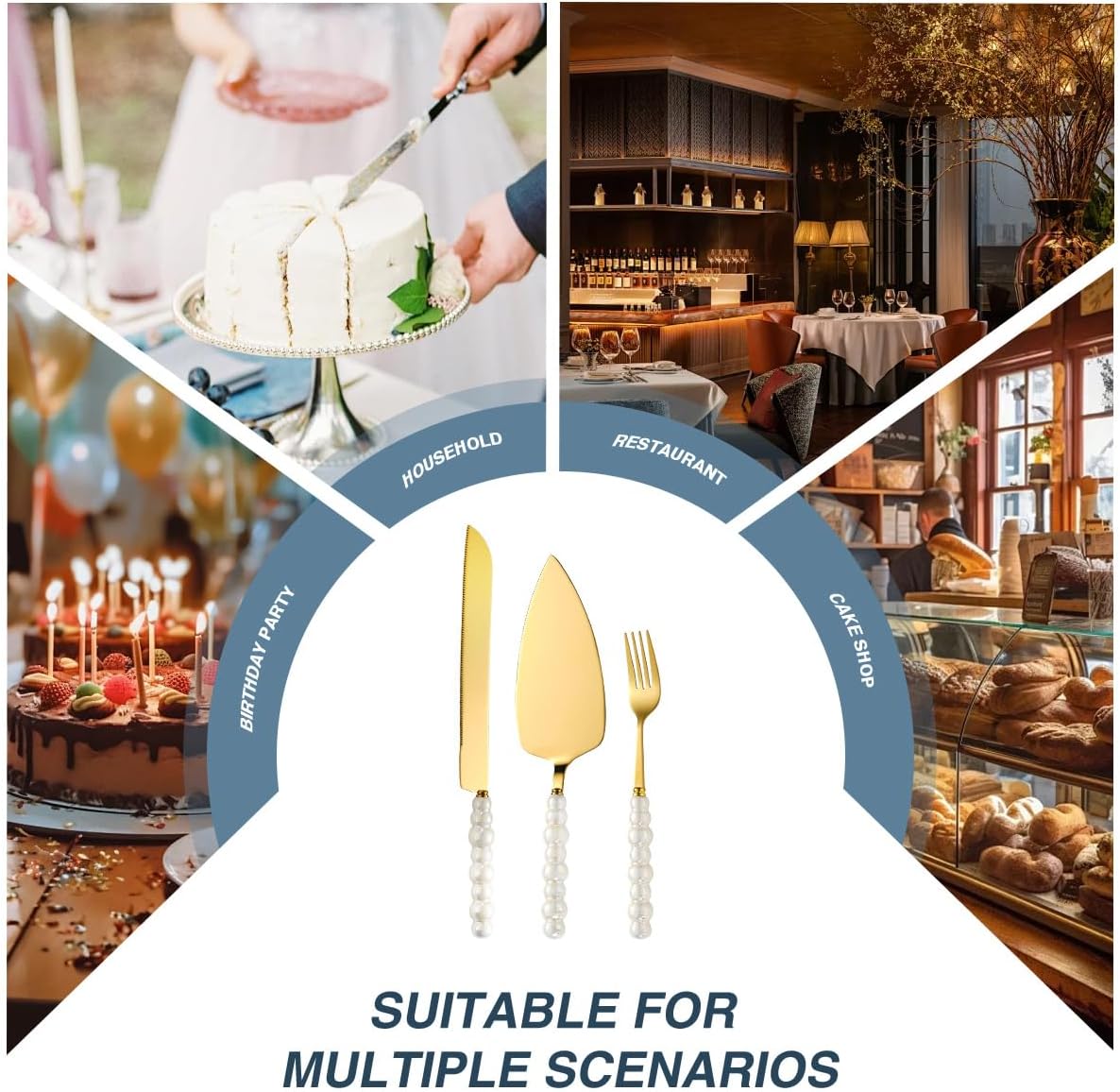 4 Pcs Wedding Cake Knife and Server Set, Ceramic Pearl Handle Cake Cutting Set for Wedding, Stainless Steel Pie Cutter, Bridal Shower Gifts, Engagement Gift for Couples (Silver)