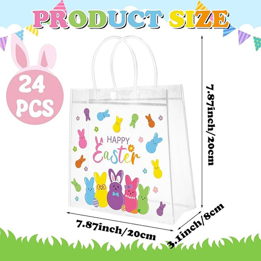 H1vojoxo Happy Easter Gift Bags - 24PCS Easter Colorful Bunny Clear PVC Tote Bags with Handle 7.87x3.1x7.87Inch Printed with Rabbits Clear Reusable PVC Gift Wrap Bags for Snack Candy Treat Party Favor