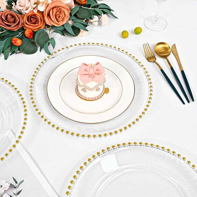 12 PCS Clear Round Charger Plates with Beaded Rim, 13 Inch Plastic Acrylic Plate, Plastic Round Beaded Dinner Decorative Service Plates for Wedding Party Event, Home Kitchen Tabletop(Gold)