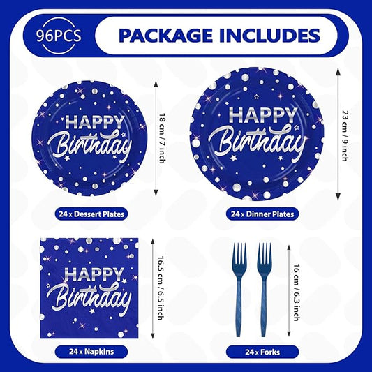 Grencian 96Pcs Blue and Silver Birthday Party Decorations Supplies Silver Polka Dots on Happy Birthday Blue Paper Plates and Napkins Disposable Tableware for Women Men Party Decorations Serves 24