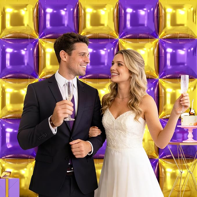 NISOCY 25PCS Purple Gold Square Foil Balloons Wall Backdrop Double Sided Gold Purple Balloons Arch Kit for Birthday Anniversary Graduation Prom Engagement Baby Bridal Shower Party Decorations