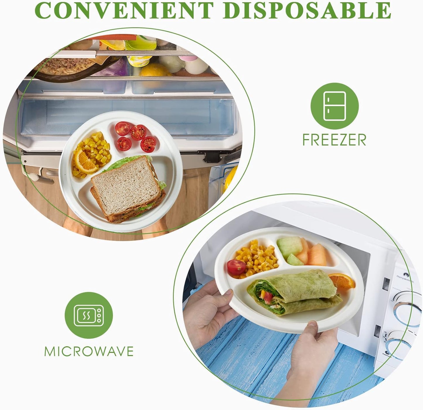 Vplus 100% Compostable Paper Plates, 600 Pack 9 Inch 3 Compartment Plates Disposable, Heavy Duty Biodegradable, Made of Sugar Cane Fibers, for Daily meals, Dinner, Parties, BBQ