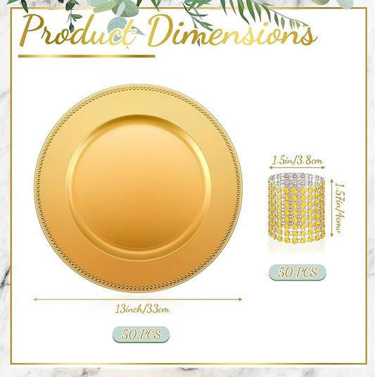 Tanlade 100 Pcs Charger Plates Bulk with Napkin Rings Set Include 50 Plastic Beaded Plate Chargers 50 Napkin Rings 13'' Round Dinner Plate Chargers Set for Table Setting Wedding Party(Gold)