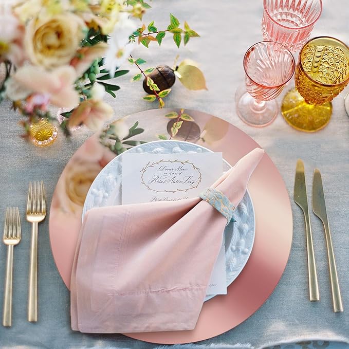KesaPlan 50PCS Round Rose Gold Placemats, 13" Disposable Paper Placemats for Dining Table, Mirrored Rose Gold Charger Place Mat for Kitchen Banquet Table Setting Wedding Birthday Dinner Party Decor