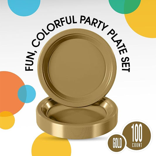 Party Solids Gold Plastic Plates For Party Supplies, Gold Disposable Plates 100 Pieces - 50-7" & 50-9" Heavy Duty 350 GSM Disposable Dinnerware Sets, Plastic Dinnerware Sets