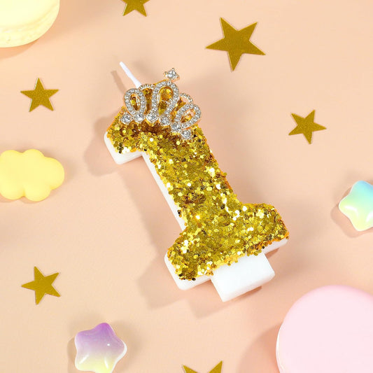Gold Birthday Candle Crown Number 1 Candle with Sequins 1st Cake Candles Cupcake Decorations Party Decor for Anniversary Celebrations Supplies