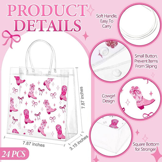 Kacctyen 24 Pcs Cowgirl Gift Bags for Party Favor Clear Cowgirl Goodie Bags with Handle 7.87 x 7.87 x 3.15 Return Gift Wrap Totes for Guests Treat Candy Wrapping