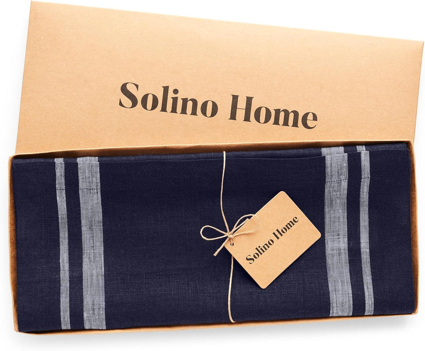 Solino Home Linen Table Runner 120 Inches Long - French Stripe, 100% Pure Linen White and Navy Farmhouse Table Runner 16 x 120 Inch Ideal for Dining