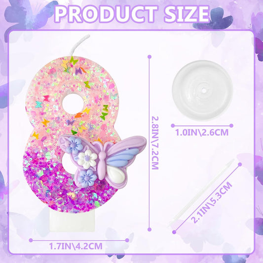 HXOUSE Butterfly Number 8 Birthday Candles - Pink & Purple Butterfly Birthday Candles for Cake, 8 Candle Topper for Anniversary Celebrations Supplies, Fairy Party Decorations for Girl (Number 8)