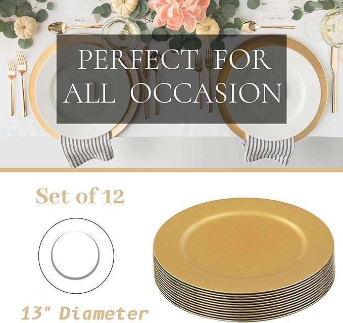 MAONAME Gold Charger Plates Set of 12, 13-Inch Round Plate Chargers for Dinner Plate, Plastic Table Chargers for Wedding Decor, Party