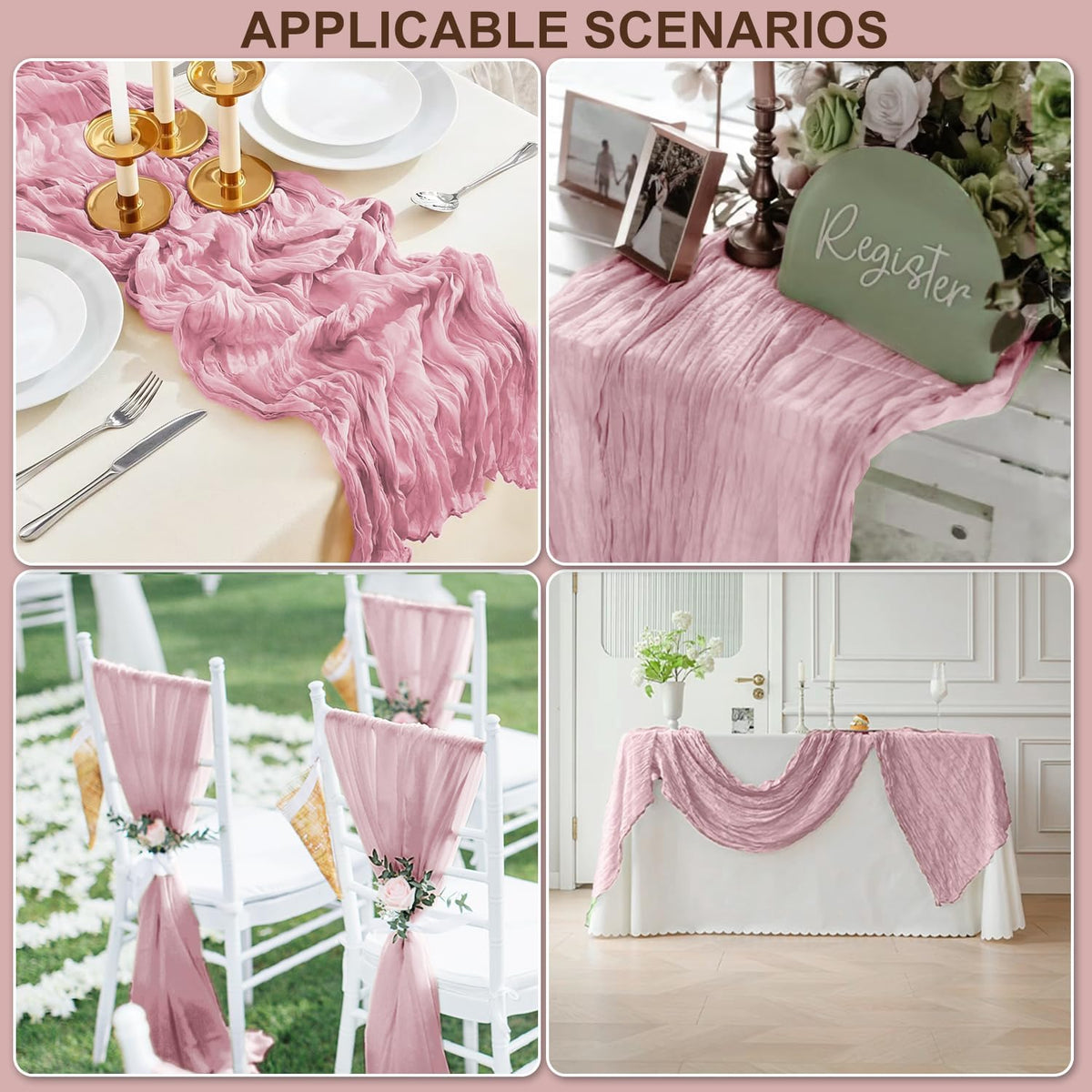 GARIG 12 Light Pink Table Runner for Summer, 10FT Boho Sheer Spring Gauze Cheesecloth Table Runner 35x120Inch for Mother's Day Wedding Party Baby Bridal Shower Birthday Home Decor