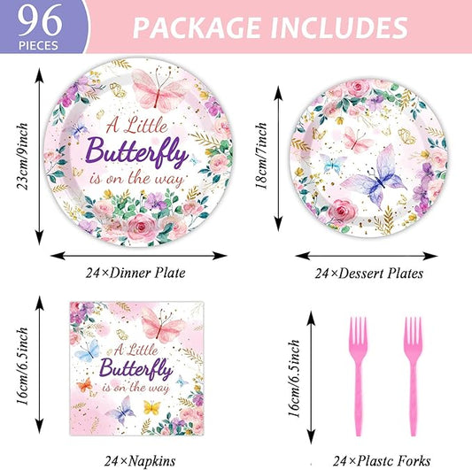 96Pcs Butterfly Baby Shower Party Supplies A Little Butterfly is On The Way Paper Plates Napkins Baby Girl Party Decorations Pink Floral Princess Girl Dinnerware Favor Tableware Serves 24