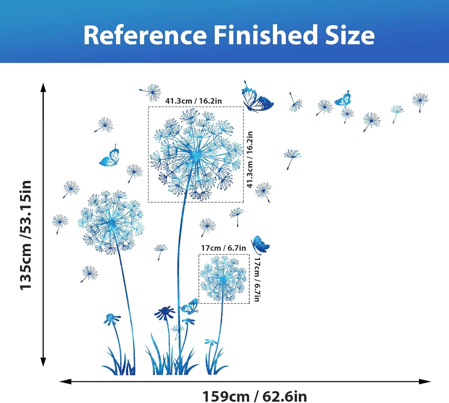 Dandelion Wildflower Wall Decals Art, Calcomanías para Pared Peel and Stick Floral Butterflies Flying Decor for Girls Kids Women Baby Nursery Room Bathroom Sofa Backdrop TV Wall (Light Blue)
