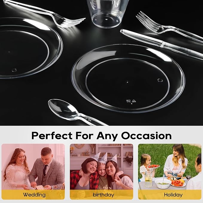 FOCUSLINE 100 Count Clear Plastic Plates 10 Inch, Disposable Dinner Plates Heavy Duty- Premium Clear Hard Plastic for Weddings, Parties and Events