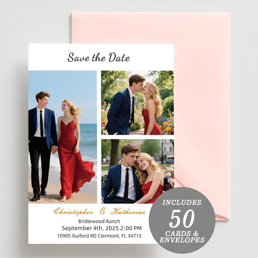 Personalized Save the Date Wedding Invitation Card with Photo 4x6inch 350GSM Papers and Envelopes, Custom Thank You card for Weddings, Birthdays and Parties, 50pcs or more (Vertical with 3 Photos)