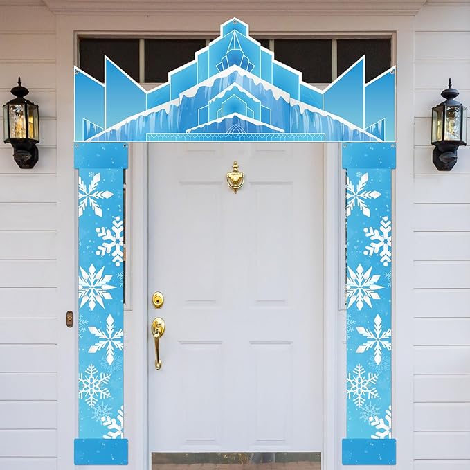 Winter Party Door Banner Classroom Door Cover Snow Wonderland Porch Decor Winter Birthday Decorations Photography Backdrop for Holiday Christmas Snowflake Party(Castle)
