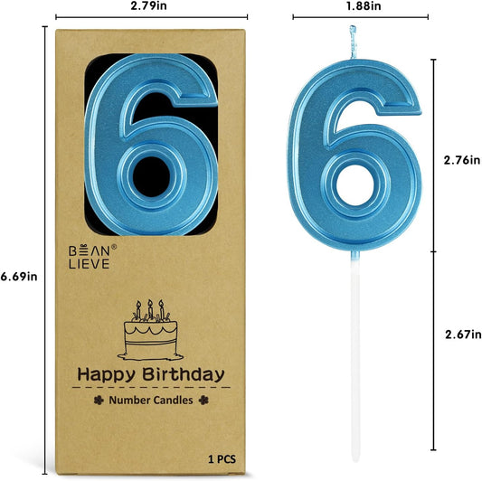 BEAN LIEVE Blue Birthday Candles Number 6, Blue Number Candles, Cake Number Candles for Birthday Parties and Wedding Anniversary Celebrations