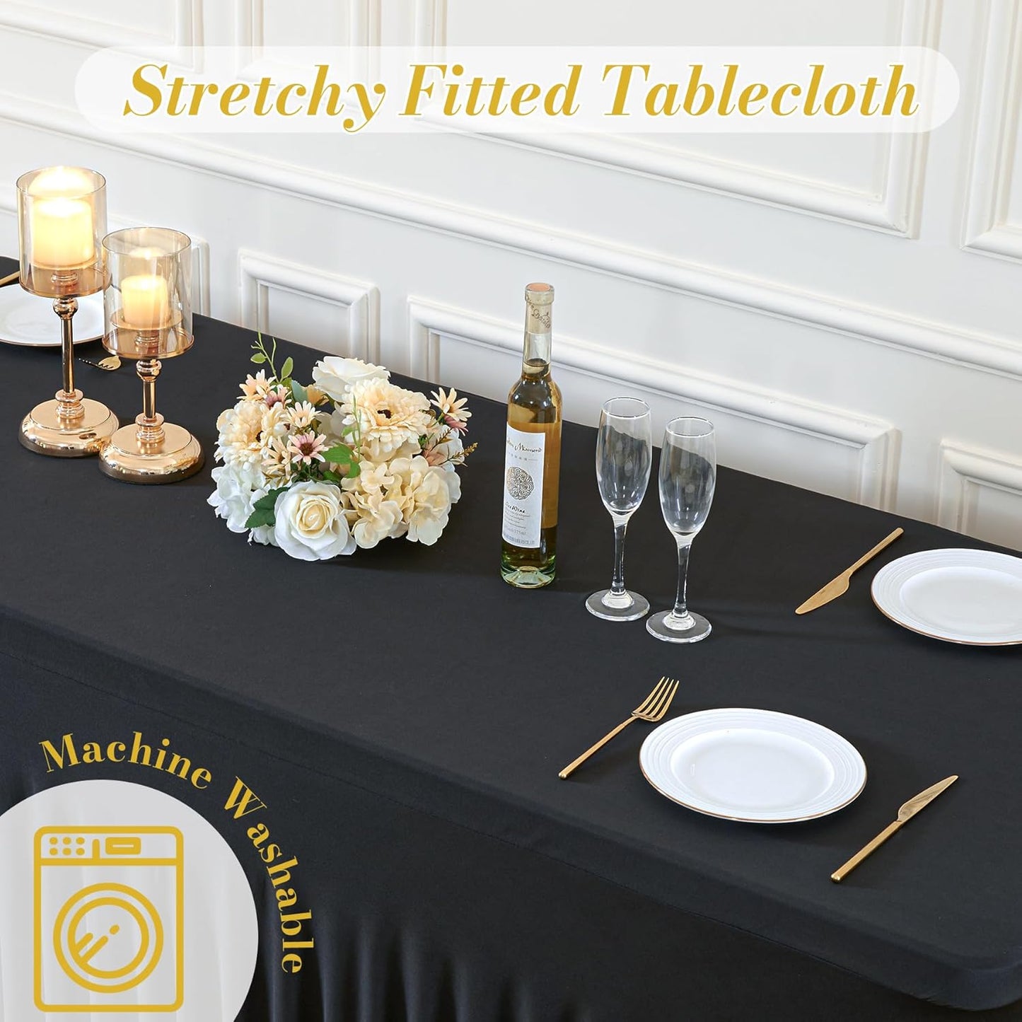 6 Pack Spandex Black Fitted Table Cloth for 8ft Rectangle Tables Black Stretch Tablecloth Table Covers Banquet Table Clothes Wrinkle Free Table Skirt for Parties Wedding