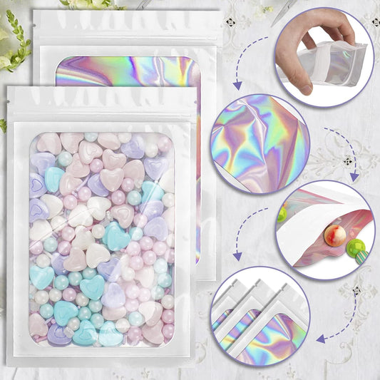 100 Pieces Smell Proof Mylar Bags, Holographic Packaging Bags, Resealable Odor Foil Pouch Zipper Bag with Clear Window for Food Storage and Lipgloss, Jewelry Lash (White, 4.3 x 7.5 Inch)
