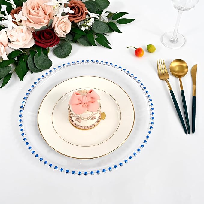 24 PCS Clear Round Charger Plates with Beaded Rim, 13 Inch Plastic Acrylic Plate, Plastic Round Beaded Dinner Decorative Service Plates for Wedding Party Event, Home Kitchen Tabletop(Royal Blue)
