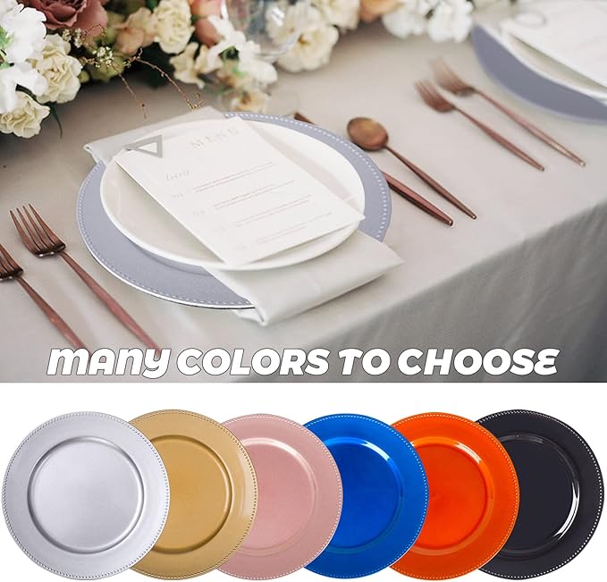 MAONAME Silver Charger Plates Set of 12, Round Dinner Chargers with Beaded, 13 Inch Plastic Plate Chargers for Wedding, Table Decor