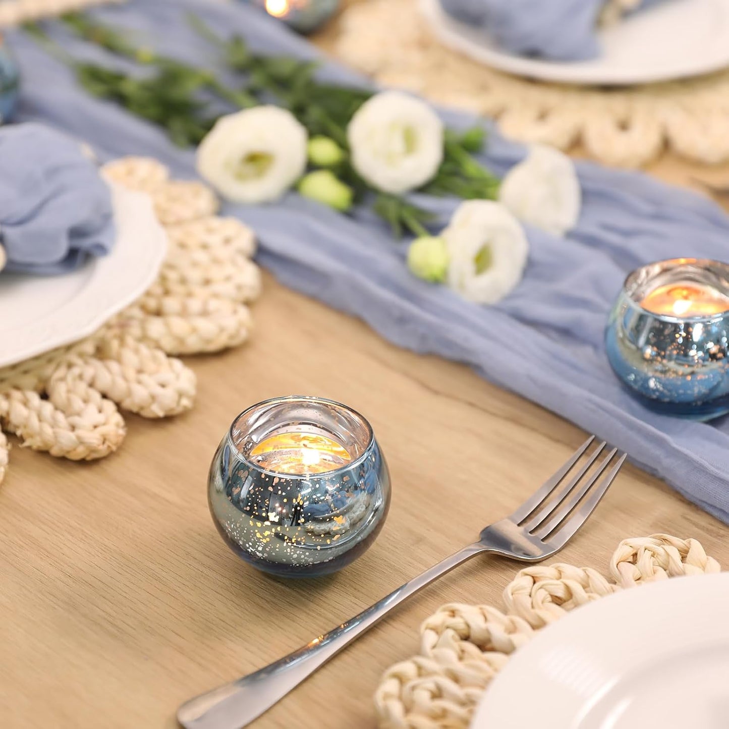 Volens 24PCS Blue Votive Candle Holders Bulk, Round Mercury Glass Candle Holders for Tealight - Blue Centerpiece Table Decorations for Wedding, Birthday, Party, Bridal Shower and Home Decor