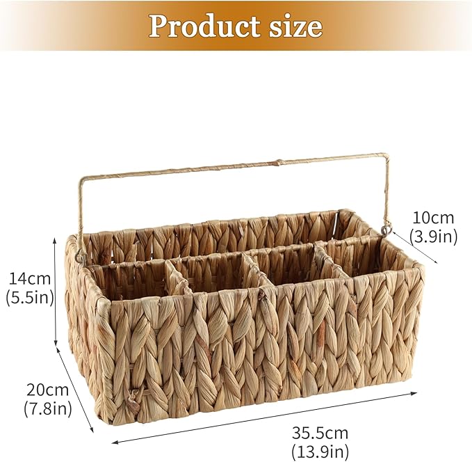 Silverware Organizer,Hand-Woven Wicker Kitchen Utensil Caddy with Handle,Cutlery Holder for Party Camping,Flatware Spoon Condiment Basket,Water Hyacinth Utensil Holder for Kitchen Counter