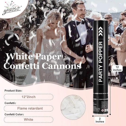 White Confetti Poppers 12 Inch,Wedding Confetti Cannon Air Powered(5 Pack),Launches 20-25ft, Party Poppers for Engaged,Birthday,Celebrations and New Years Eve