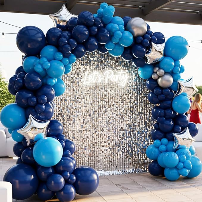 Blue Balloon Arch Kit with 2 Large Silver Star Foil Balloons – Navy & Light Blue Balloon Garland, 5/12/18 inch Blue Balloons for Birthday, Baby Boy Shower, Wedding & Graduation Decorations