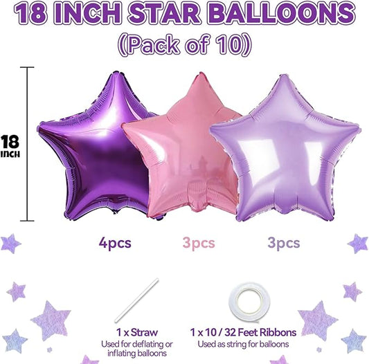 Purple Pink Star Foil Balloon, 10PCS Foil Stars Shape Balloons, 18 Inch Metallic Pink and Purple Stars Balloons for Helium Pentagram Balloon for Girls Birthday, Butterfly, Anniversary Party Decoration
