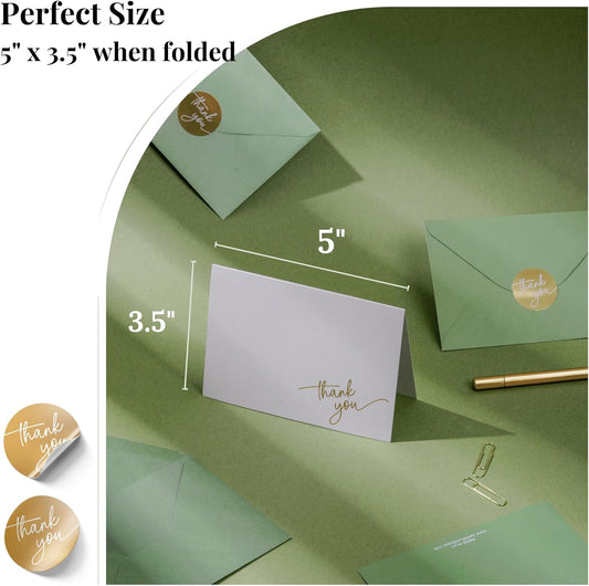 Gold Foil Thank You Cards - Bulk Pack of 40, 5x3.5 Inch with Matching Stickers & Envelopes (Green) Textured Surface for a Unique Feel - Suitable for Baby Shower, Wedding, Small Business, Graduation
