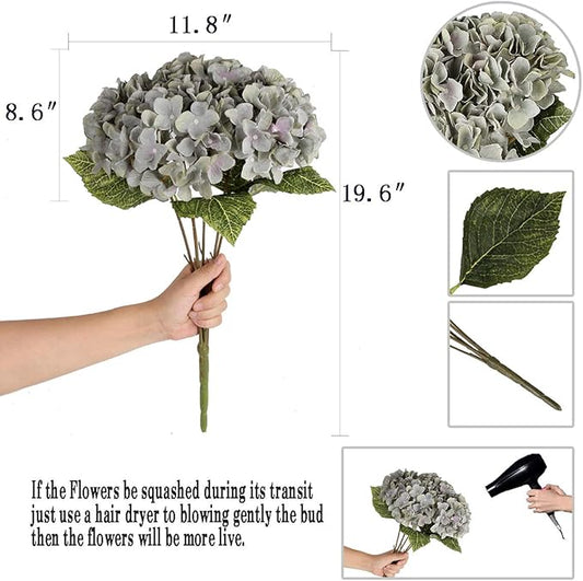 2Bouquets Artificial Fake Flowers Plants Silk Hydrangea Arrangements Wedding Bouquets Decorations Plastic Floral Home Kitchen Garden Party Festival Bar DIY (Gray Green,5 Flower Heads)