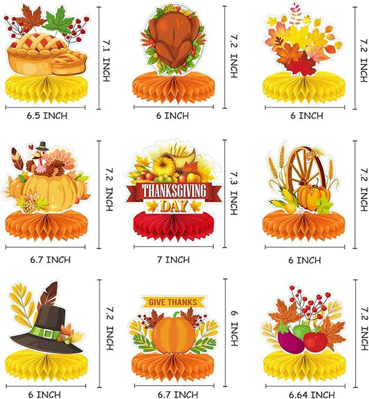 Thanksgiving Table Decorations - 9Pcs Fall Honeycomb Centerpieces for Tables with Pumpkins, Sunflowers, Scarecrow, Squirrel for Thanksgiving Dinner, Autumn Harvest Festival, Rustic Fall Party Decor