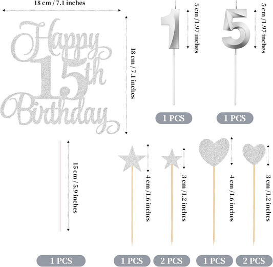 15th Birthday Cake Decorations, 15th Birthday Candles Cake Numeral Candles and Glitter Happy 15th Birthday Cake Toppers Set for Birthday Party Supplies (Silver)