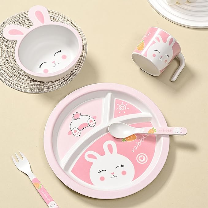 Kids Dinnerware Set, Includes Toddler Plate Bowl Tumbler and Utensils, BPA Free Bamboo Fiber Material Perfect for Little Girls (Pink - Rabbit Theme)