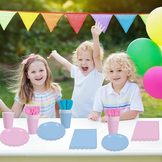 140 Pcs Baby Gender Reveal Plates and Napkins, 20 Guest Boy or Girl Gender Reveal Party Supplies Include Light Pink and Light Blue Plates Napkin Cup Plastic Spoon Fork Knive for Baby Shower