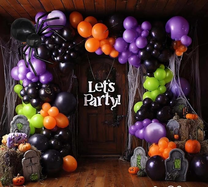 Black Purple Balloon Arch Double Stuffed Latex Orange Green Metallic Purple Black Balloon Garland for Halloween Thanksgiving Wednesday Birthday Vampire Retirement Prom Decor