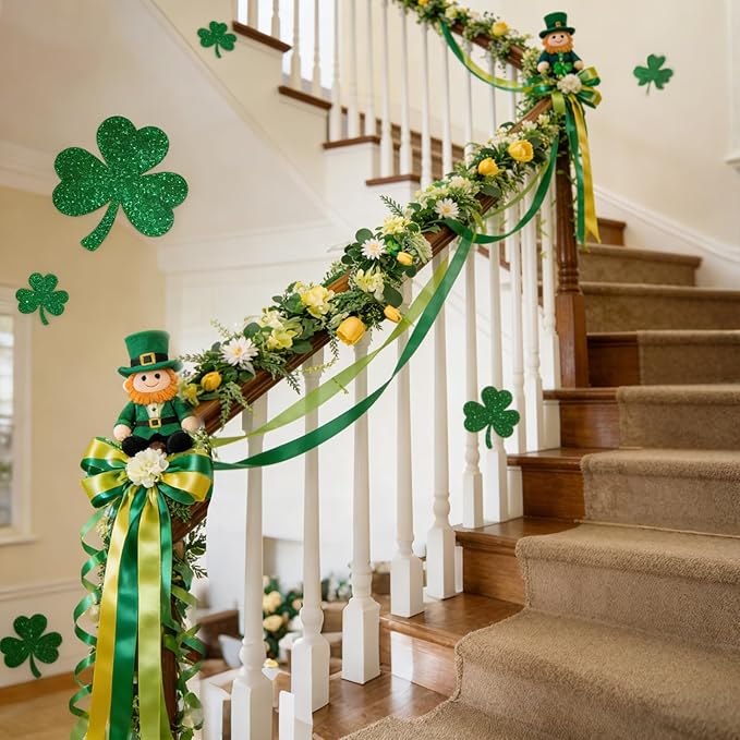 TEMPUS 6Ft Spring Artificial Eucalyptus Garland with Tulip, Hydrangea & Shamrock - St. Patrick's Day and Spring Decor Greenery for Mantle Table Centerpiece Wedding Baby Shower Party