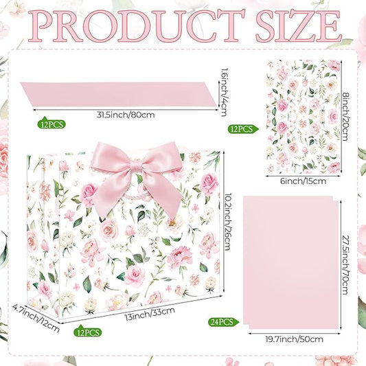 Maitys 12 Sets 13" Large Pink Floral Gift Bags Bulk with Handle, Tissue Papers, Ribbons and Greeting Cards Spring Floral Birthday Paper Bag for Women Wedding Easter Bridal Showers Party Favor Supplies