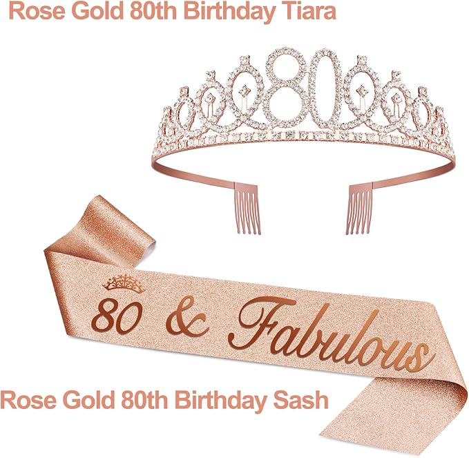 80th Birthday Decoration for Women with Rose Gold Sash, Tiara,Numbers Candles, Sincere 80th Birthday Gifts for Women