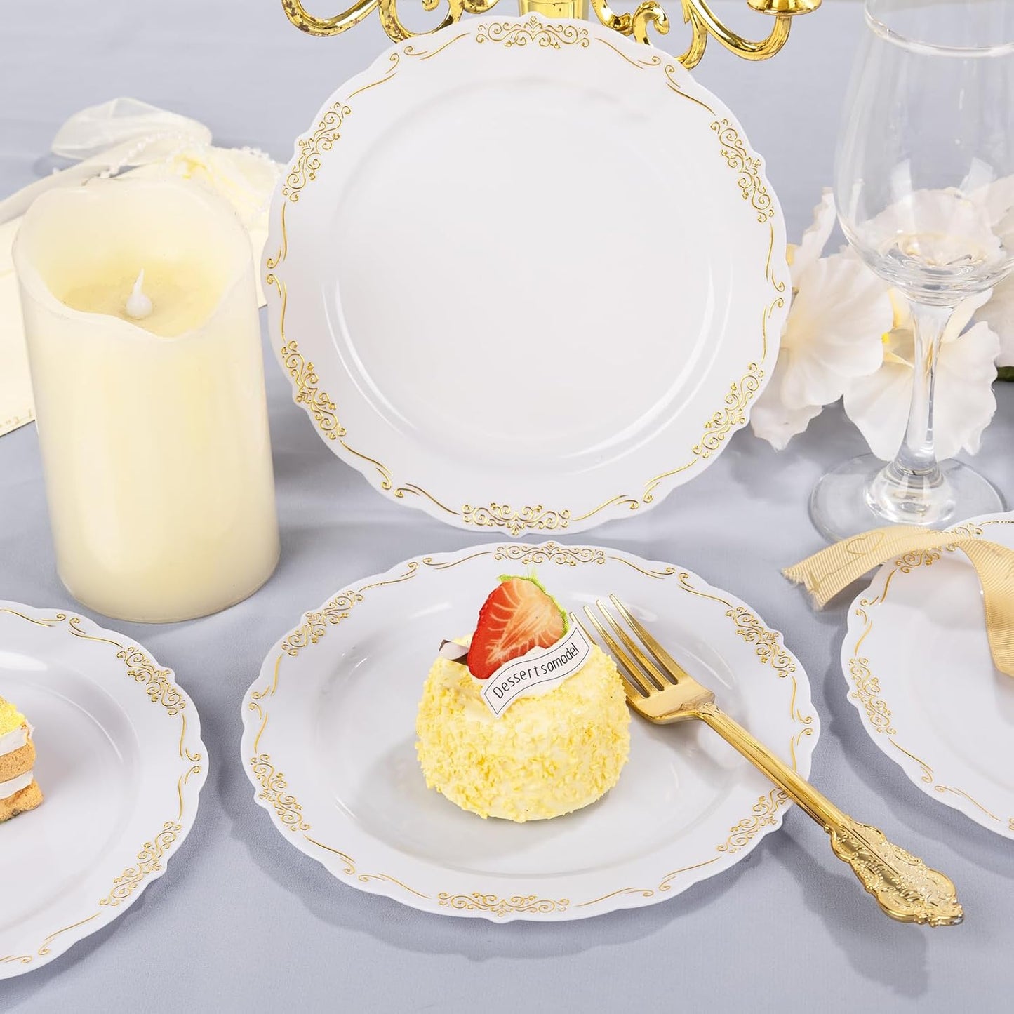 DaYammi 60PCS White and Gold Plastic Plates, Thanksgiving Plates Disposable Heavy Duty Platos Premium 7.5inch White Dessert Cake Salad Appetizer Plates Hard Plastic Platos Disposable for Party Wedding