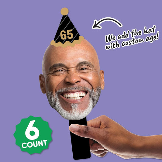 Big Dot of Happiness Custom Photo Adult Happy Birthday - Gold - Birthday Party Head Cut Out Photo Booth and Fan Props - Fun Face Cutout Paddles - Set of 6