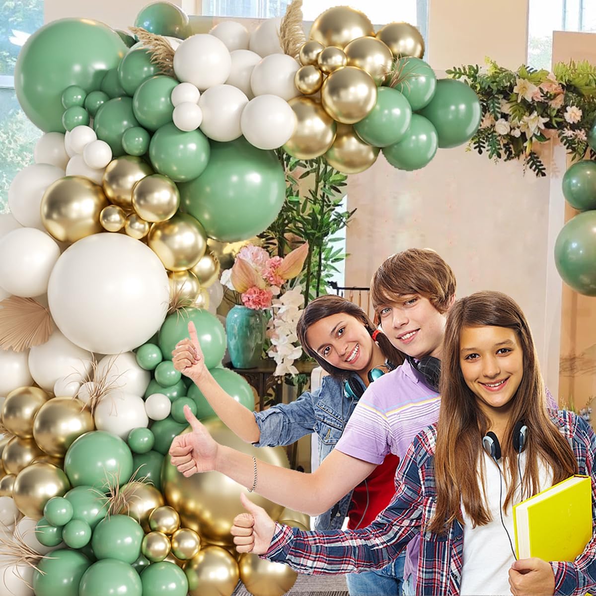 155Pcs Sage Green Arch Kit with Pea Green White Gold Balloons for Baby Shower Bridal Shower Birthday Engagement Wedding Wild One Party Decorations