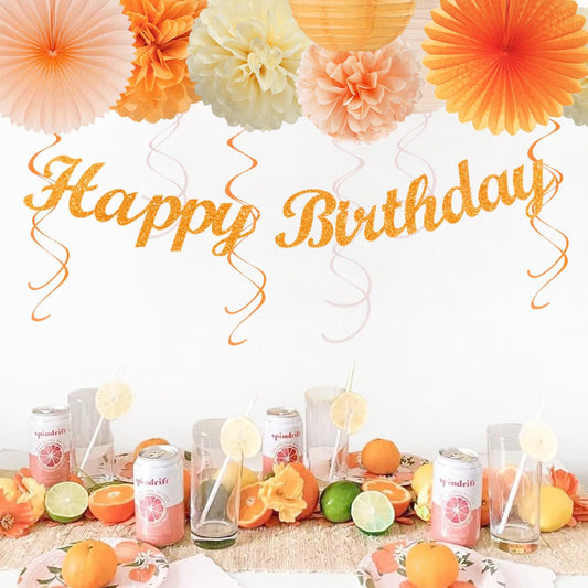 Orange-Peach Beige First Happy-Birthday Party-Decorations - 31pcs 20th Women Girls Bohemian Groovy Paper Lanterns Streamers Banner,Tissue Pom Poms Decor,Fall Boho Fans Tassels Graland Backdrop Hugmoon