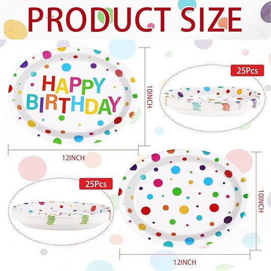 50Pcs Happy Birthday Oval Paper Plates 10" x 12" Large Disposable 400GSM Heavy Duty Rainbow Colorful Dots Platters Plates Happy Birthday Party Decorations for BBQ Picnic Baby Shower Party Supplies