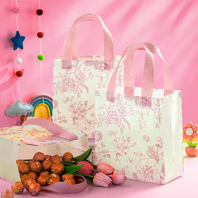 HunnmingRe 30 Pcs Pink Floral Gifts Bags Bridal Shower Party Favor Bags Bulk Wedding Welcome Non Woven Tote Handbags for Baby Shower Birthday Tea Fall Party Supplies