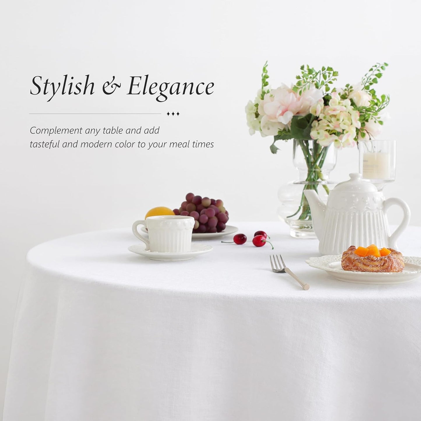 Linen World Linen Tablecloth,100% French Linen Round Tablecloth 90" Inch,Washable White Tablecloth for Dining,Outdoor,Weddings and Restaurants,Decorative Thanksgiving Christmas