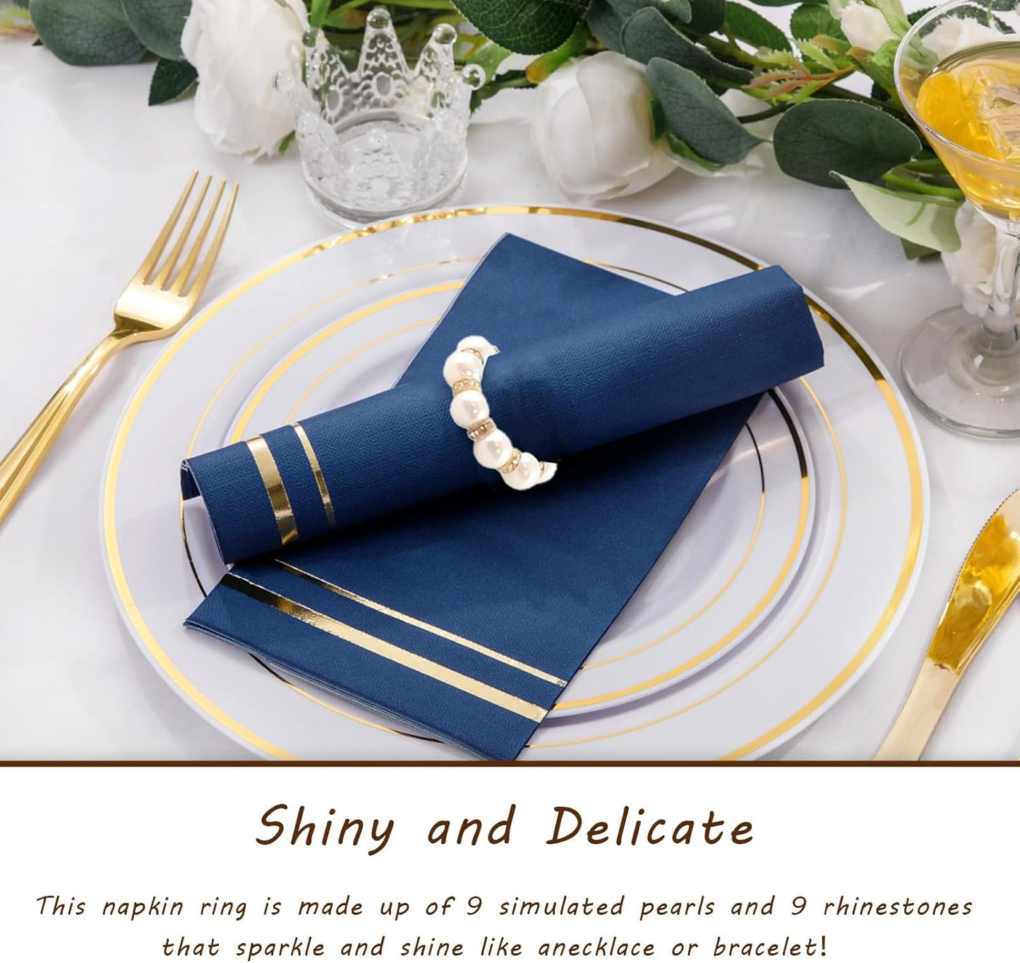 DaMohony 100pcs Pearl Napkin Rings, Golden Elastic Stretched Serviette Rings Buckle, Imitation Serviette Beaded Napkin Rings for Wedding Party Dining Table Decor